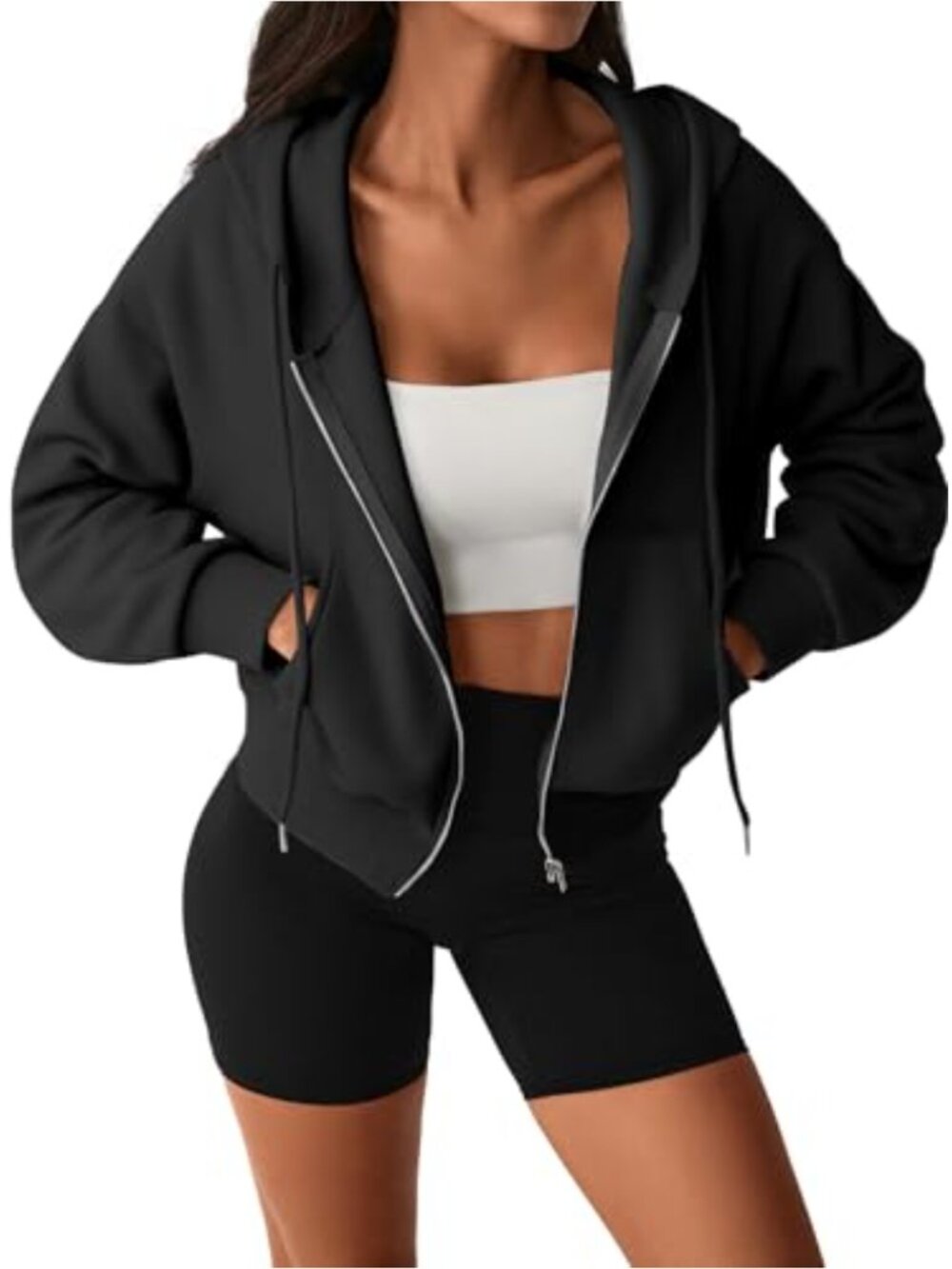 Cropped Zip Up Hoodie Women Drawstring Hood Drop Shoulder Kangaroo Pockets